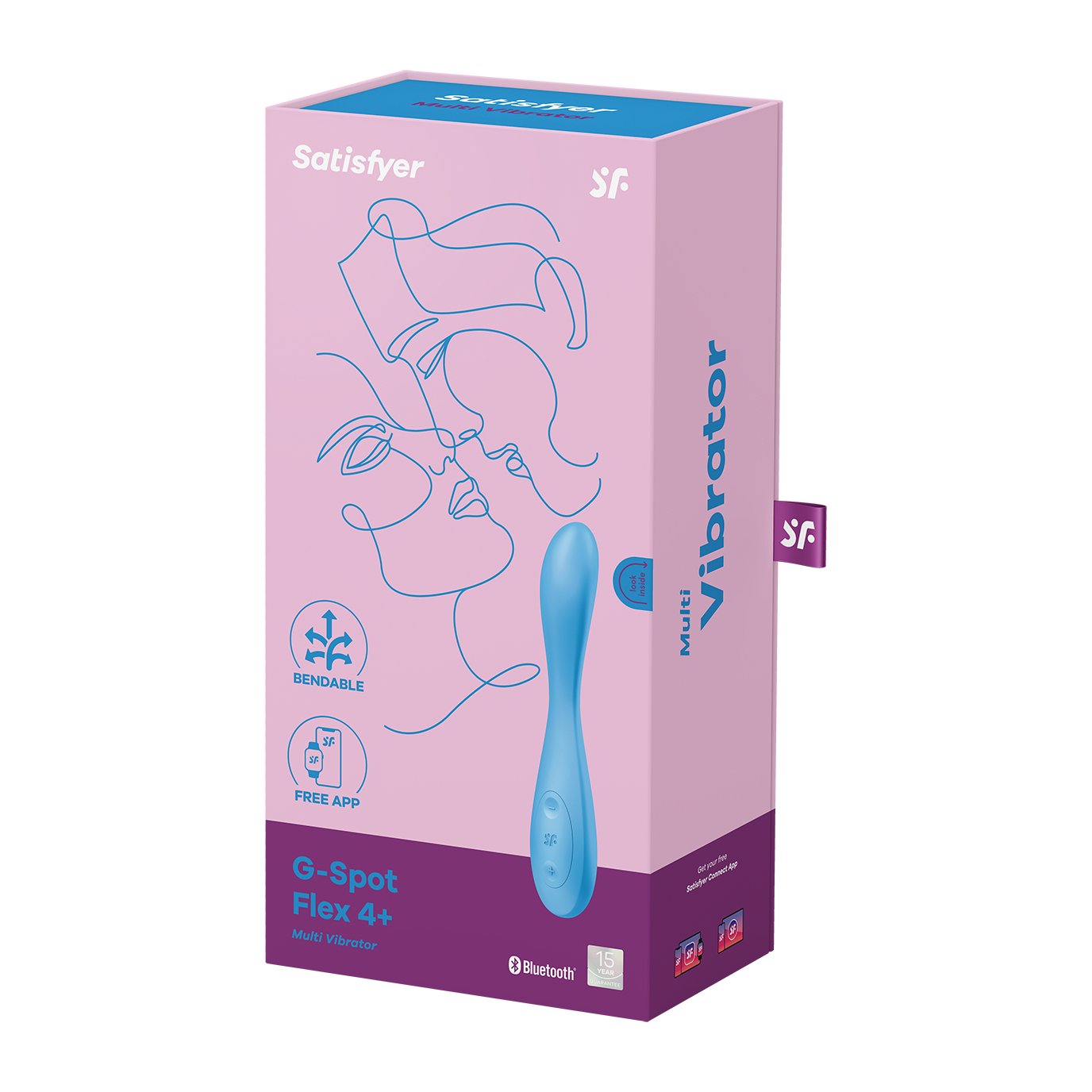 Caja del Satisfyer G-Spot Flex 4 en tonos rosado y azul, mostrando el producto y sus principales atributos como la compatibilidad con la app gratuita y la flexibilidad, junto con símbolos de conectividad Bluetooth y resistencia al agua