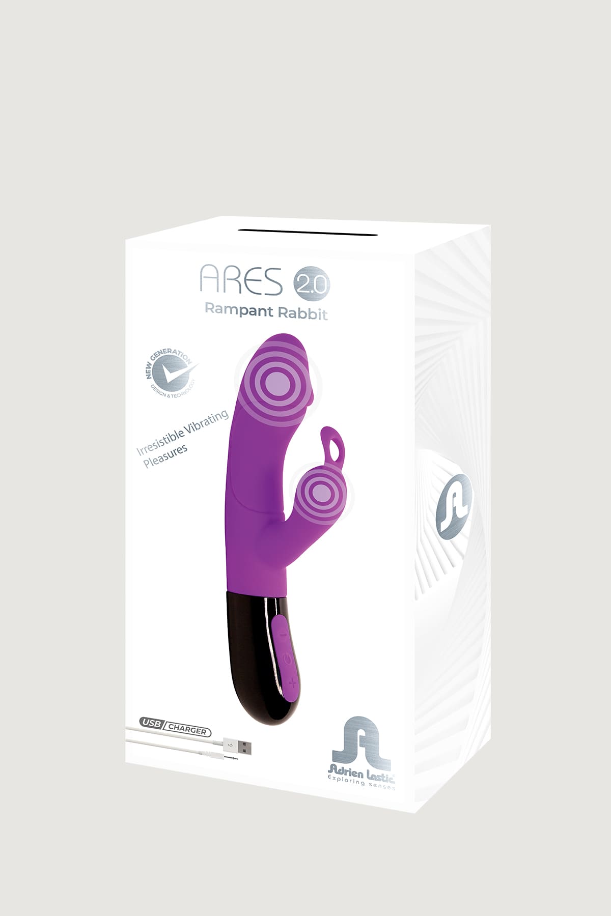 Caja del vibrador Ares 2.0 con ilustraciones de sus motores vibratorios y sello de nueva generación.