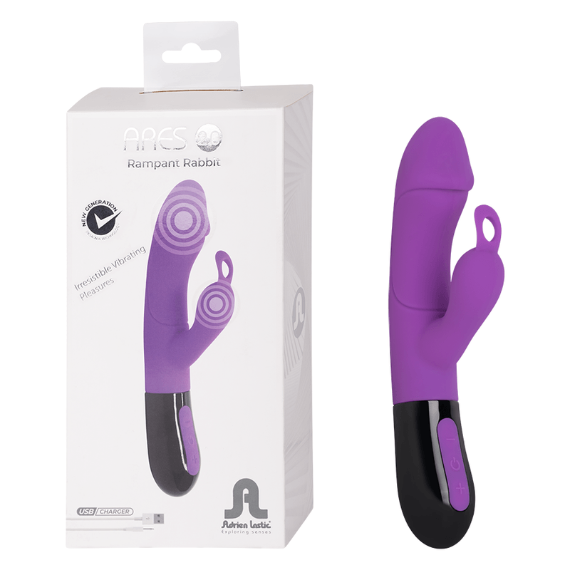 Vibrador Ares 2.0 junto a su caja, resaltando su presentación y tecnología de vibración dual.