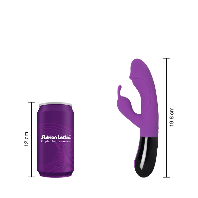 Comparación del tamaño del vibrador Ares 2.0 con una lata de 12 cm, mostrando sus dimensiones de 19.8 cm de largo.