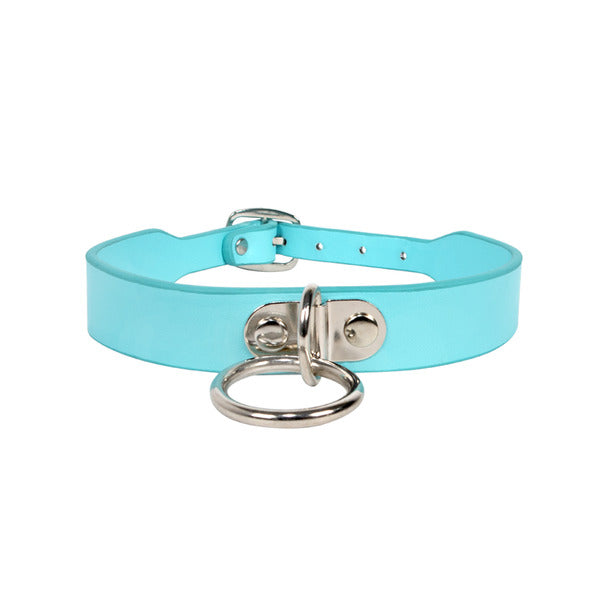 collar de cuero color azul con aro para cadena