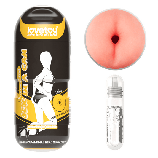 Funda masturbadora en forma de ano de la marca Lovetoy, presentada en un envase negro con detalles dorados y la inscripción "Sex in a Can". Se muestra la entrada con forma realista y un lubricante incluido.