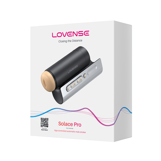 Caja del Lovense Solace Pro, destacando su compatibilidad con la app y su función de control automático.