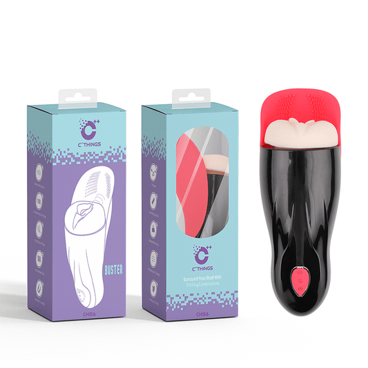 Caja y masturbador Buster. Se muestra el empaque del producto con ilustraciones y el masturbador con diseño ergonómico en negro y rojo.