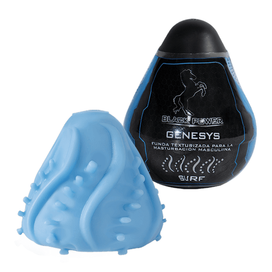 Masturbador Genesys Surf junto a su empaque. Diseño en forma de huevo con textura interna de ondas y nódulos estimulantes.