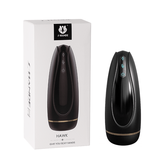 Masturbador masculino Hawk junto a su caja original, mostrando su diseño elegante y tecnológico.