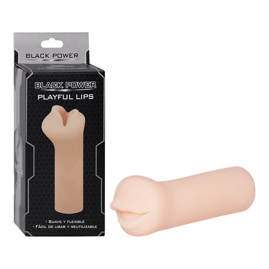 Masturbador masculino Labios Juguetones junto a su empaque. Diseño en color piel con entrada en forma de boca para una experiencia realista.