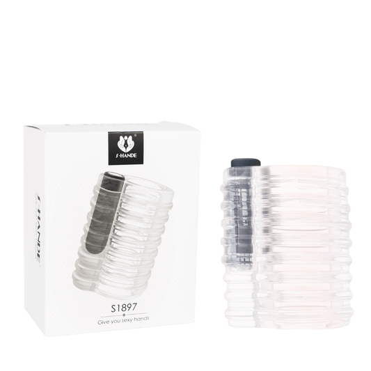 Caja del Masturbador Extra Grande con Bala Vibradora junto al producto. El masturbador es transparente con una textura ondulada y una bala vibradora negra en su lateral.