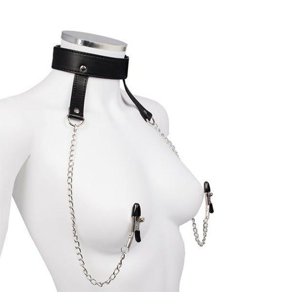 gargantilla bondage de cuero con pinzas de pezon